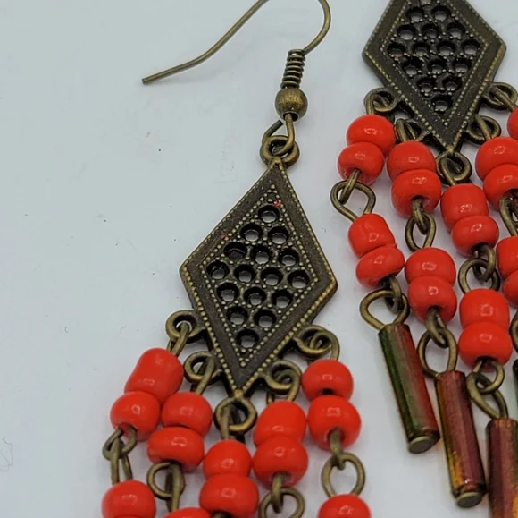 Handmade Czech Glass Beaded Brass Chandelier Earrings Vintage, 3.5" - Picture 2 of 9